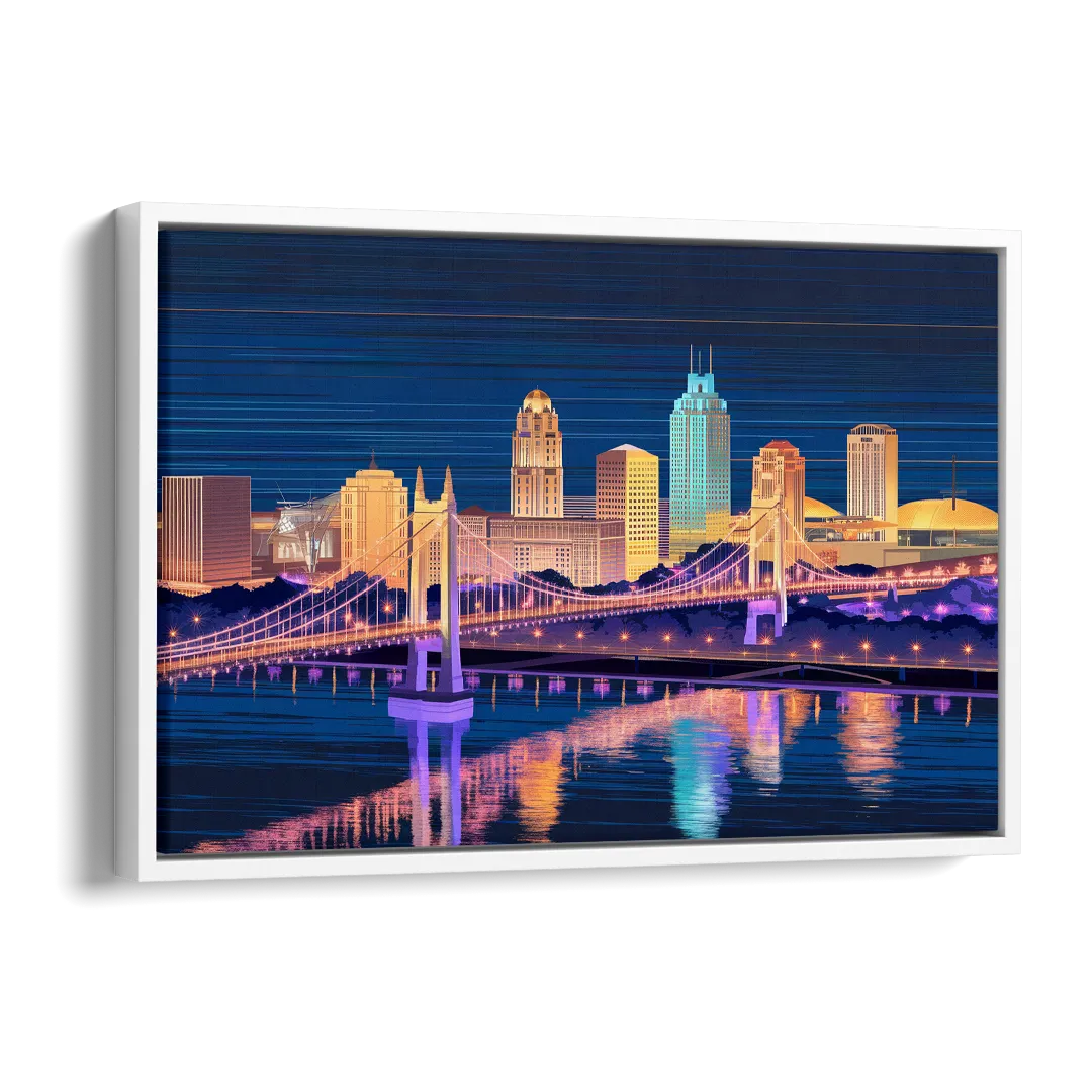 Cincinnati Nighttime Skyline Side - White Canvas Wall Art