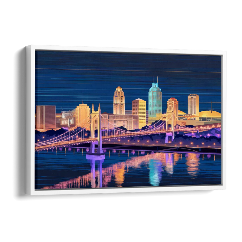 Cincinnati Nighttime Skyline Side - White Canvas Wall Art