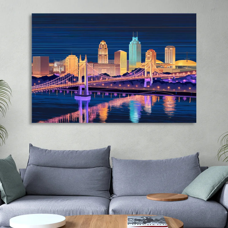 Cincinnati Nighttime Skyline Sitting Room - Canvas Wall Art