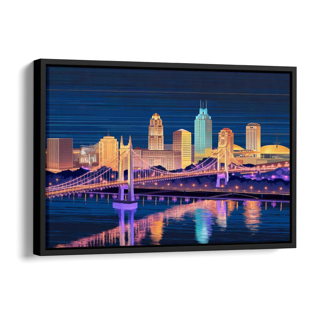 Cincinnati Nighttime Skyline Side - Black Canvas Wall Art