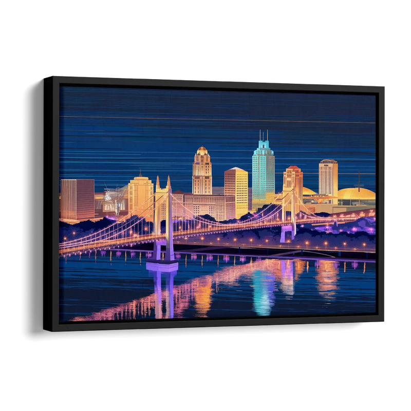 Cincinnati Nighttime Skyline Side - Black Canvas Wall Art