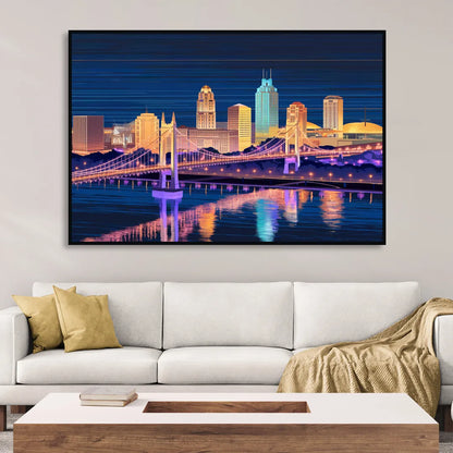 Cincinnati Nighttime Skyline Sitting Room - Black Canvas Wall Art