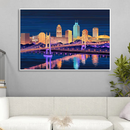 Cincinnati Nighttime Skyline Living Room - White Canvas Wall Art