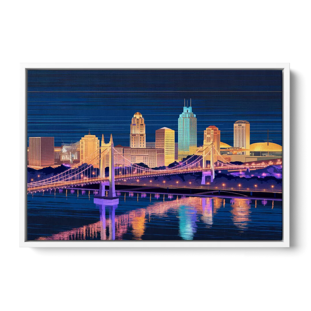 Cincinnati Nighttime Skyline Front - White Canvas Wall Art