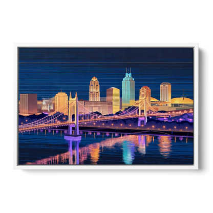 Cincinnati Nighttime Skyline Front - White Canvas Wall Art