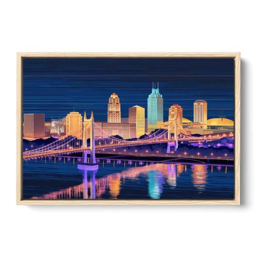 Cincinnati Nighttime Skyline - Oak Framed Canvas Wall Art - Front