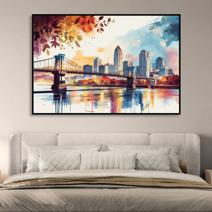 Cincinnati Skyline In Autumn Living Room - Black Canvas Wall Art