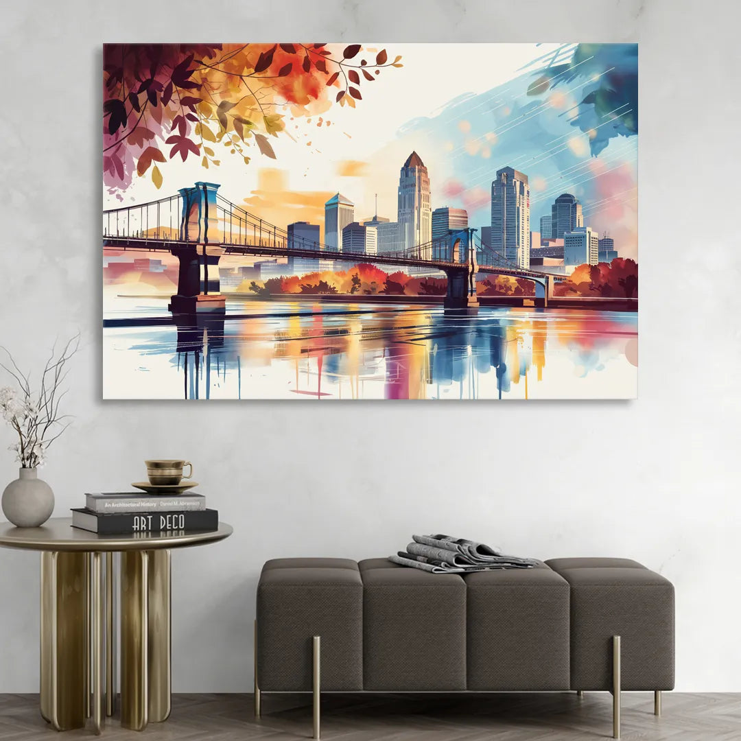 Cincinnati Skyline In Autumn Sitting Room - Canvas Wall Art
