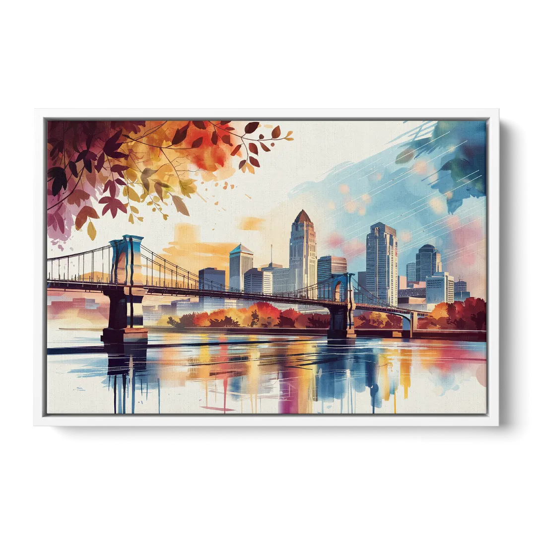 Cincinnati Skyline In Autumn Front - White Canvas Wall Art