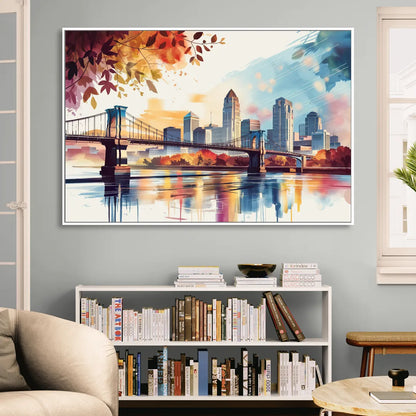 Cincinnati Skyline In Autumn Sitting Room - White Canvas Wall Art