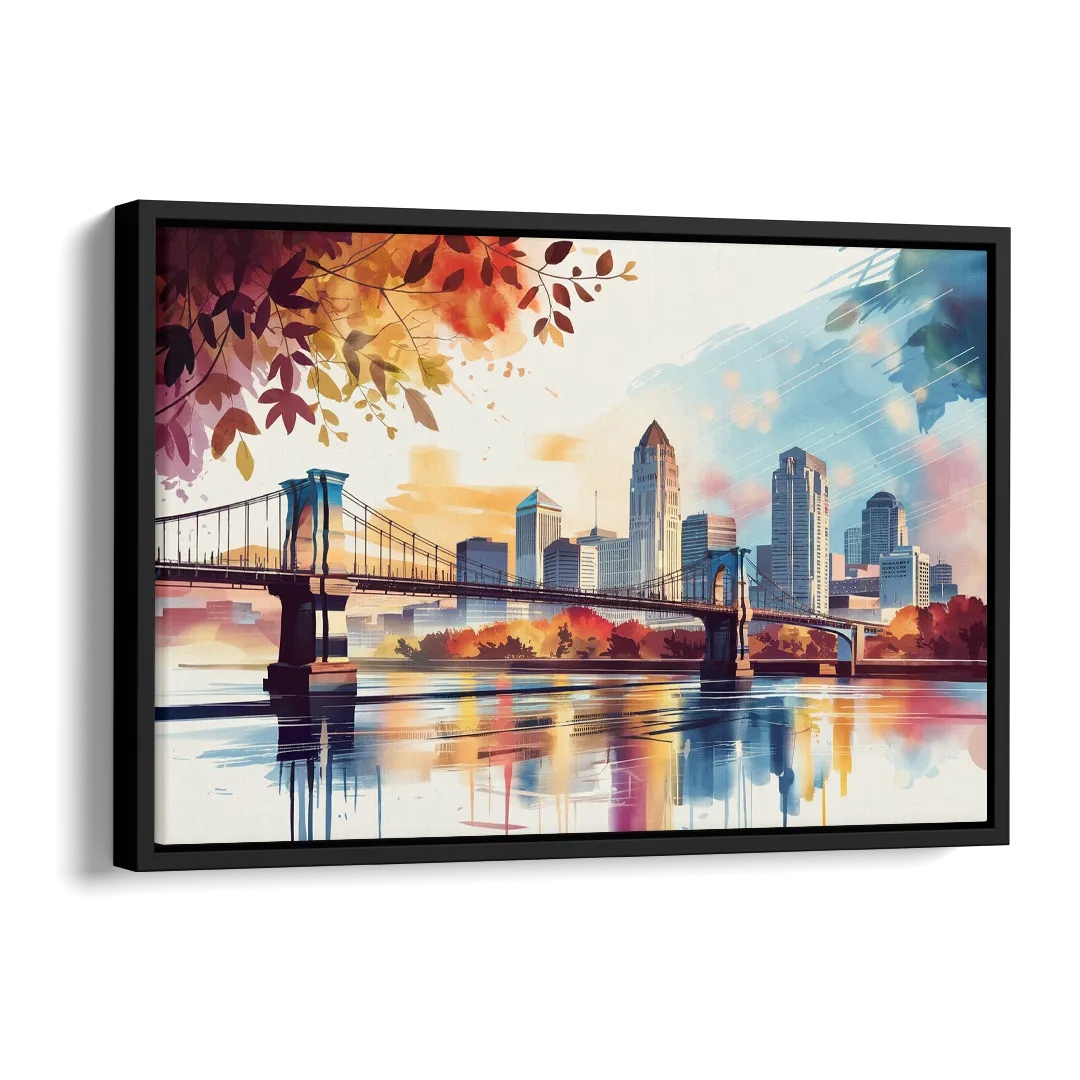 Cincinnati Skyline In Autumn Side - Black Canvas Wall Art