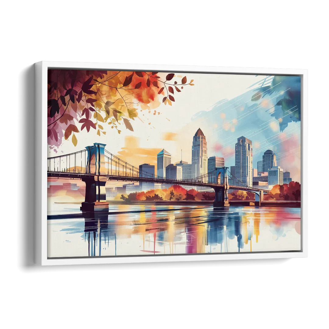 Cincinnati Skyline In Autumn Side - White Canvas Wall Art
