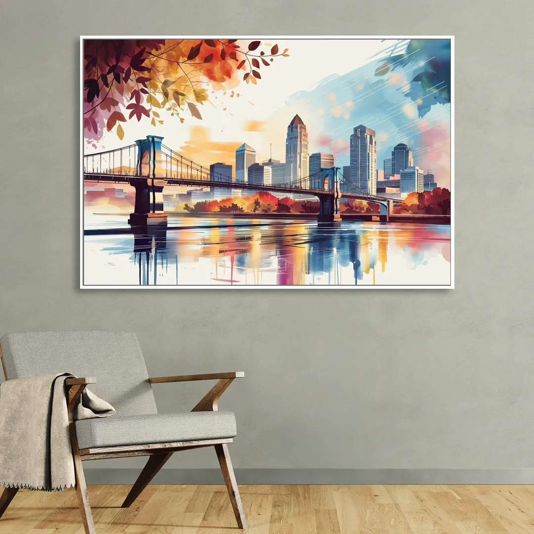 Cincinnati Skyline In Autumn Living Room - White Canvas Wall Art