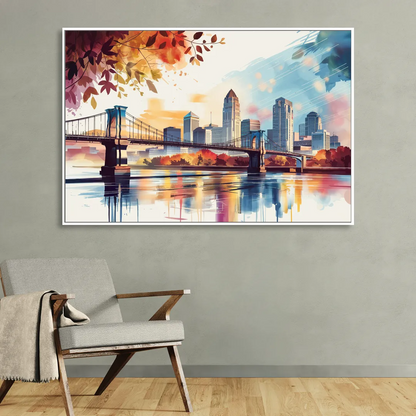 Cincinnati Skyline In Autumn Living Room - White Canvas Wall Art