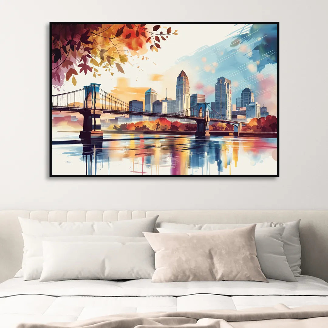 Cincinnati Skyline In Autumn Sitting Room - Black Canvas Wall Art