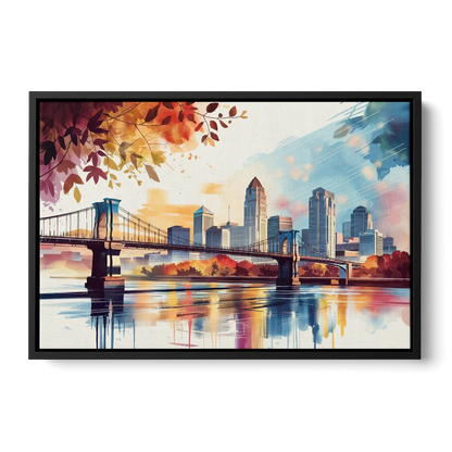 Cincinnati Skyline In Autumn Front - Black Canvas Wall Art