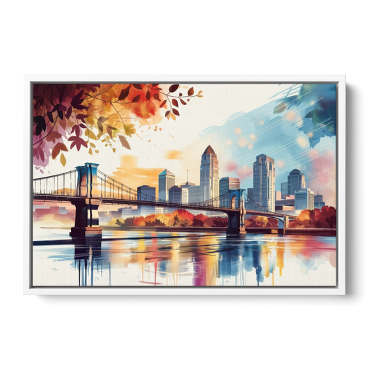 Cincinnati Skyline In Autumn - White Framed Canvas Wall Art - Front