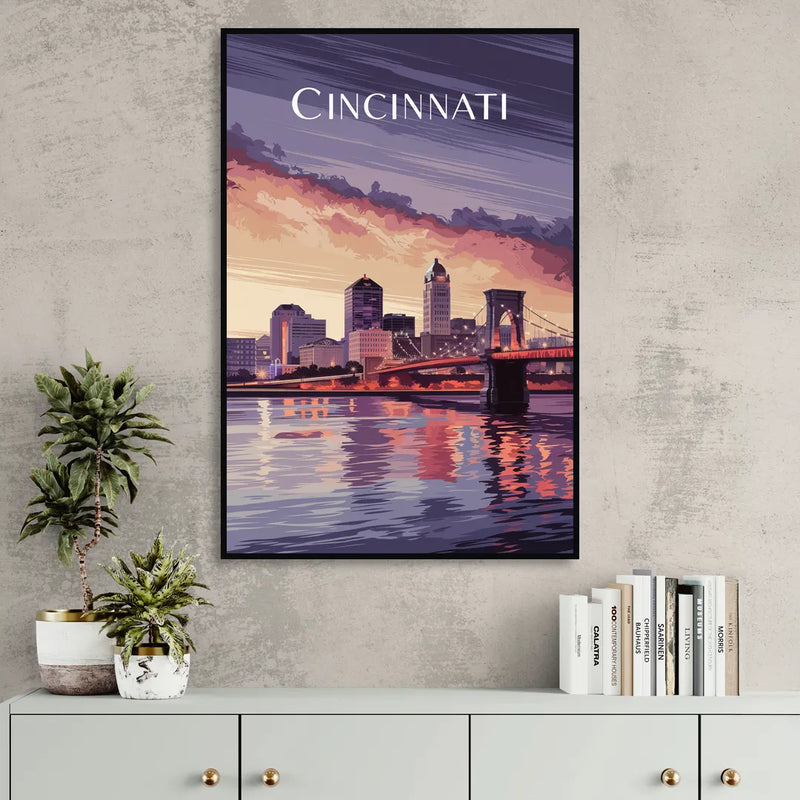 Cincinnati Skyline Over the Ohio River Sitting Room - Black Canvas Wall Art