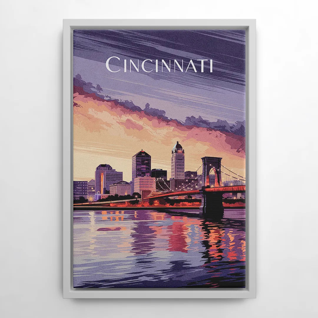 Cincinnati Skyline Over the Ohio River - White Frame Canvas