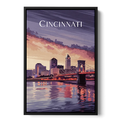 Cincinnati Skyline Over the Ohio River Front - Black Canvas Wall Art
