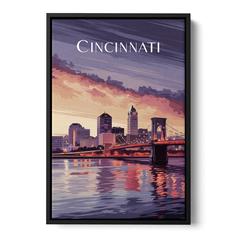 Cincinnati Skyline Over the Ohio River Front - Black Canvas Wall Art
