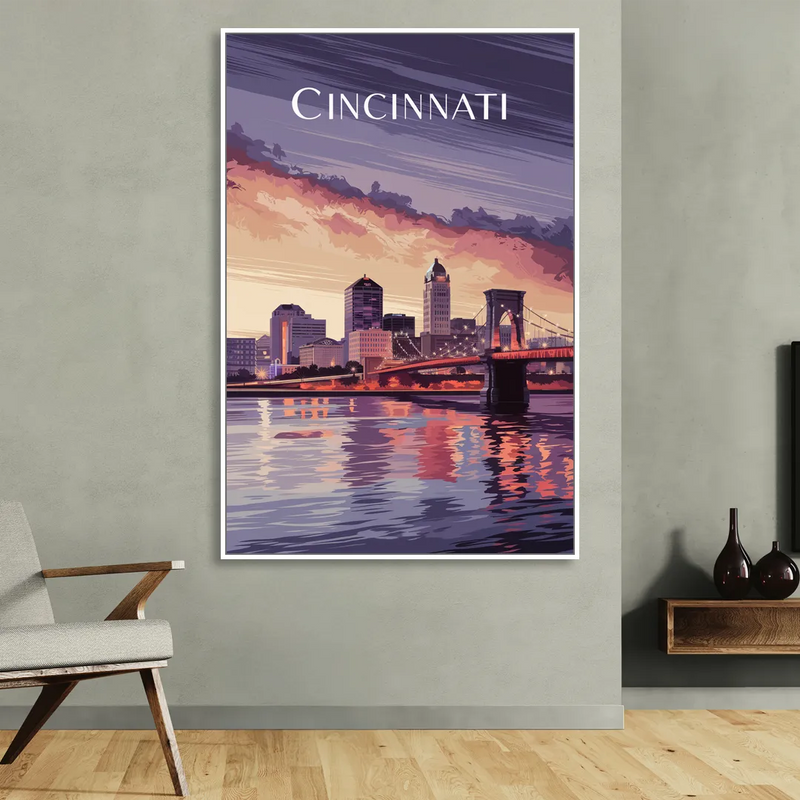 Cincinnati Skyline Over the Ohio River Living Room - White Canvas Wall Art