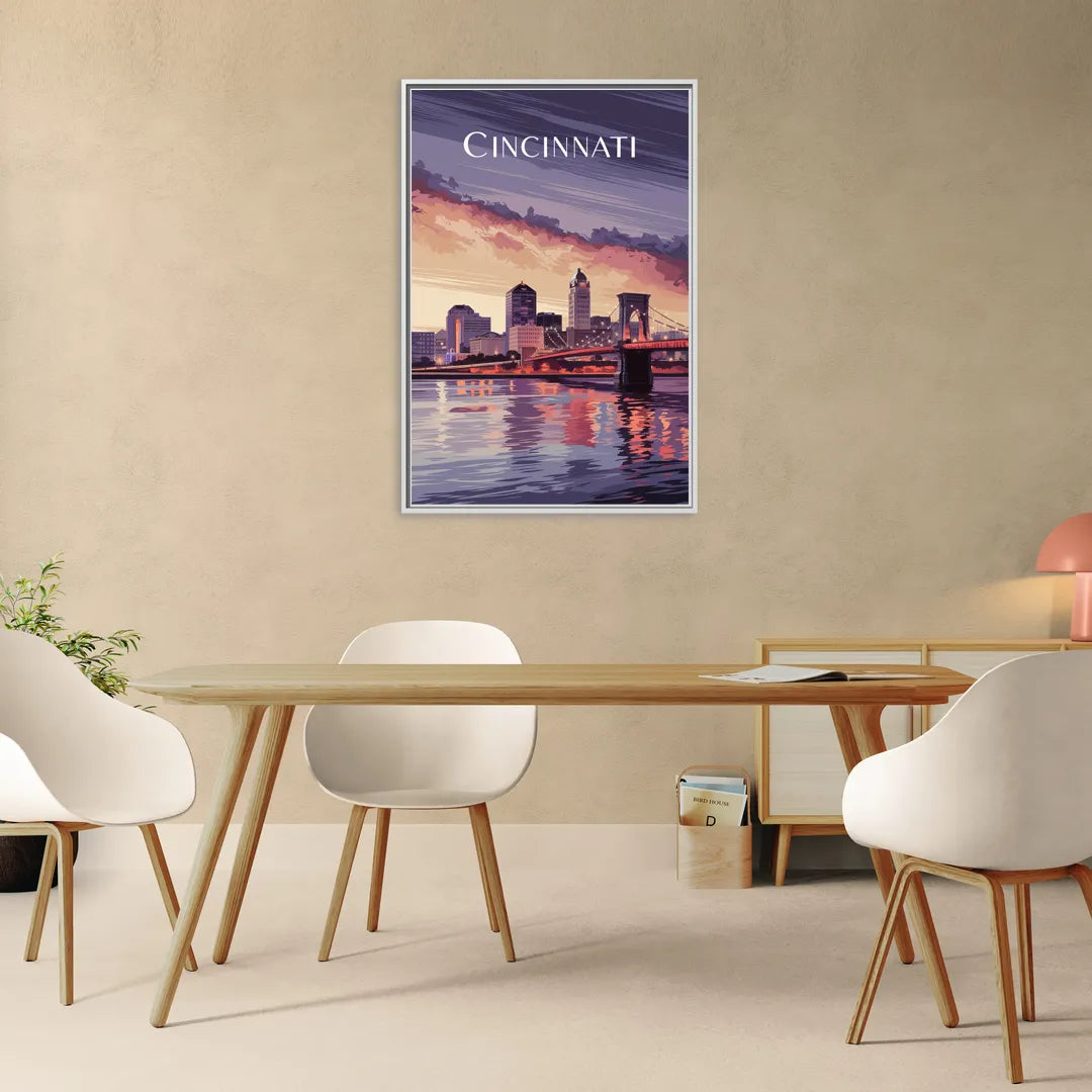 Cincinnati Skyline Over the Ohio River - Living Room White Frame Canvas