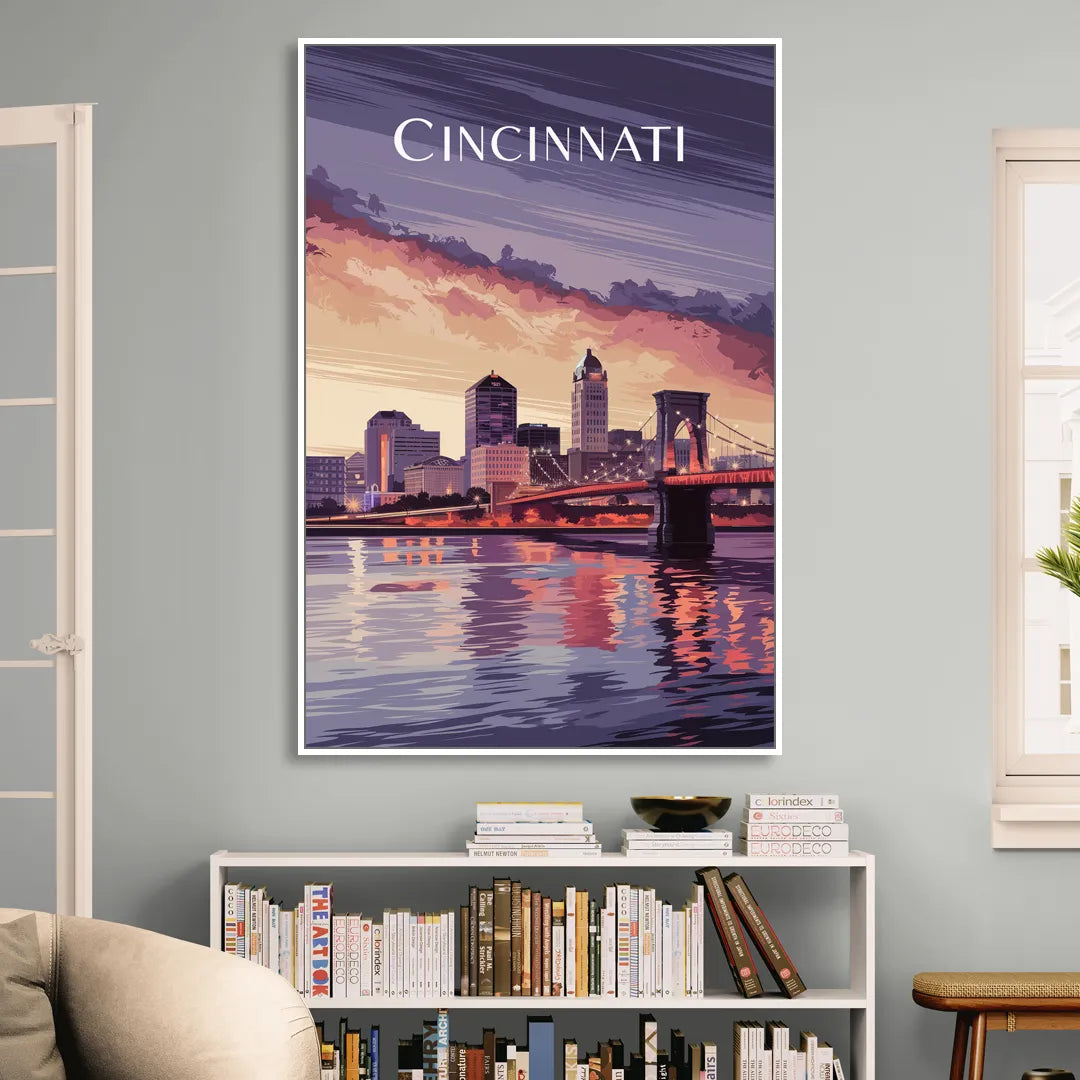 Cincinnati Skyline Over the Ohio River Sitting Room - White Canvas Wall Art