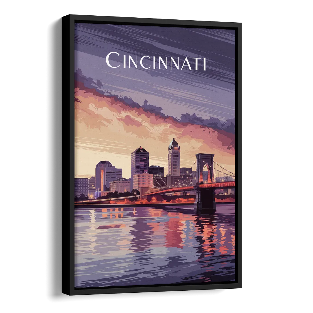 Cincinnati Skyline Over the Ohio River Side - Black Canvas Wall Art