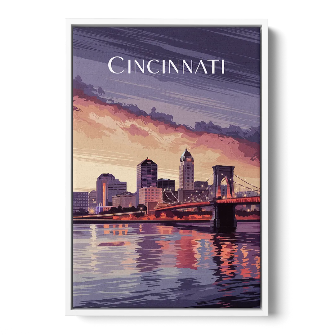 Cincinnati Skyline Over the Ohio River Front - White Canvas Wall Art