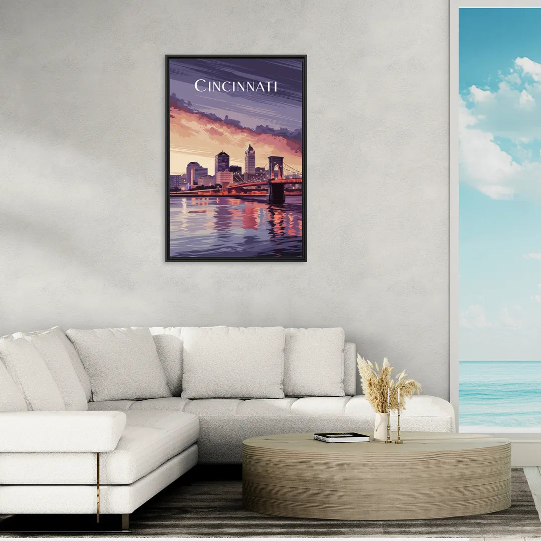 Cincinnati Skyline Over the Ohio River - Living Room Black Frame Canvas