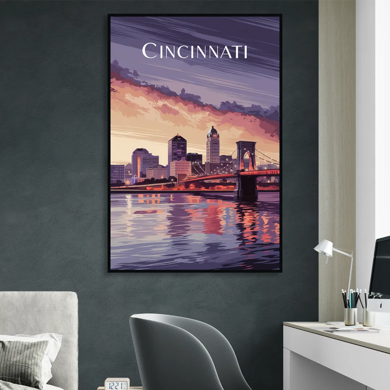 Cincinnati Skyline Over the Ohio River Living Room - Black Canvas Wall Art