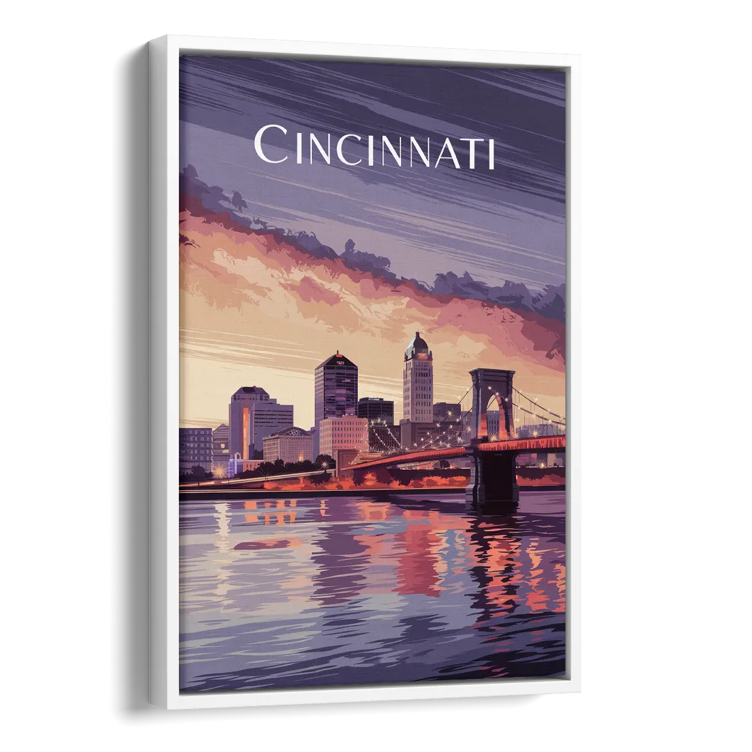 Cincinnati Skyline Over the Ohio River Side - White Canvas Wall Art