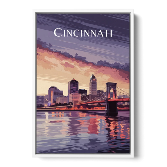 Cincinnati Skyline Over the Ohio River - White Framed Canvas Wall Art - Front