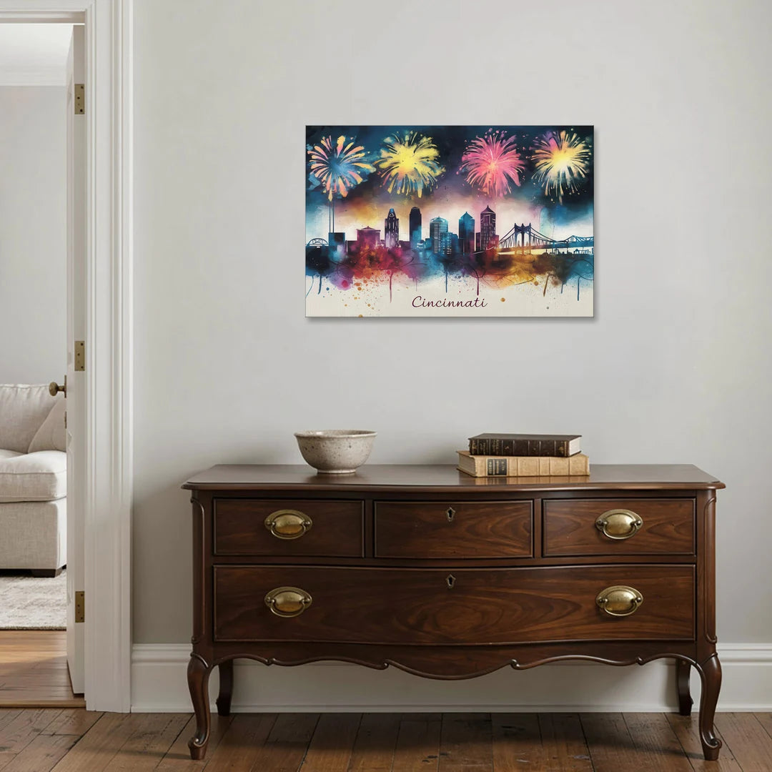 Cincinnati Skyline With Fireworks - Canvas Wall Art - Coffee Table - 36x24