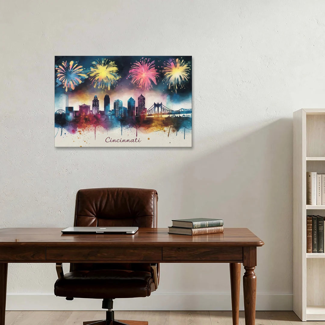 Cincinnati Skyline With Fireworks - Canvas Wall Art - Office - 36x24