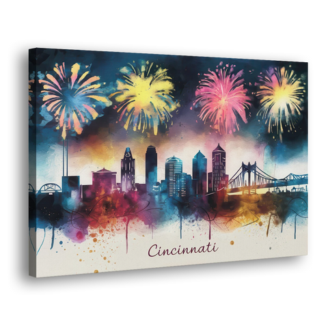 Cincinnati Skyline With Fireworks - Canvas Wall Art - Side