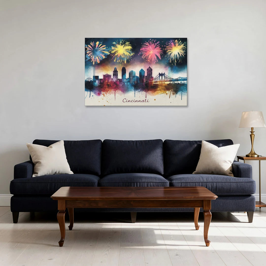 Cincinnati Skyline With Fireworks - Canvas Wall Art - Sofa - 36x24