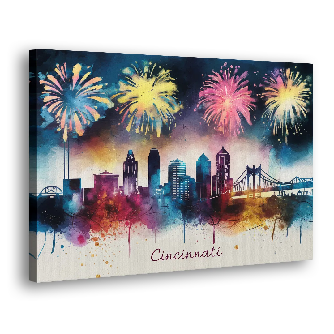 Cincinnati Skyline With Fireworks Side - Canvas Wall Art