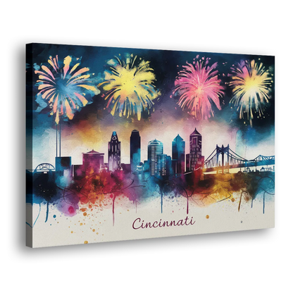 Cincinnati Skyline With Fireworks Side - Canvas Wall Art