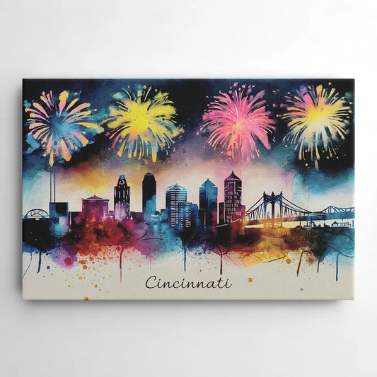 Cincinnati Skyline With Fireworks - Canvas Wall Art