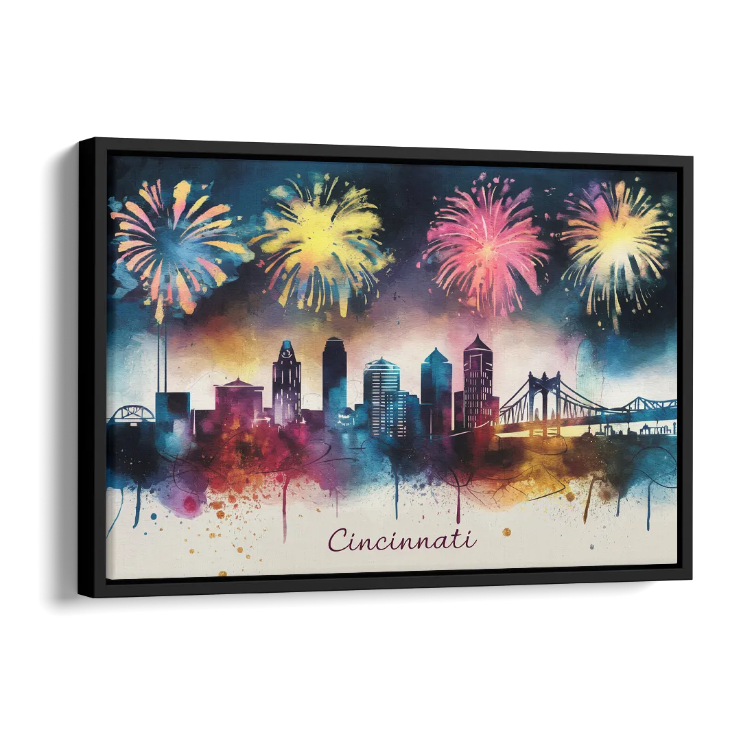 Cincinnati Skyline With Fireworks Side - Black Canvas Wall Art