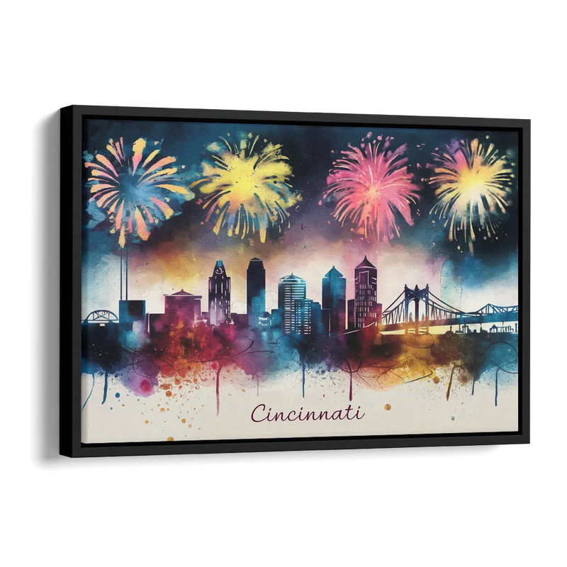 Cincinnati Skyline With Fireworks Side - Black Canvas Wall Art