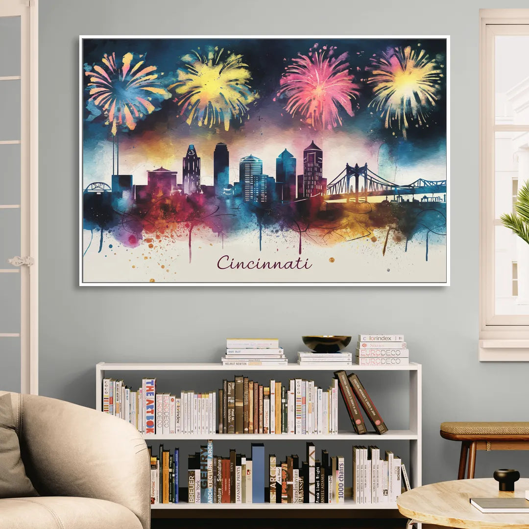 Cincinnati Skyline With Fireworks Living Room - White Canvas Wall Art