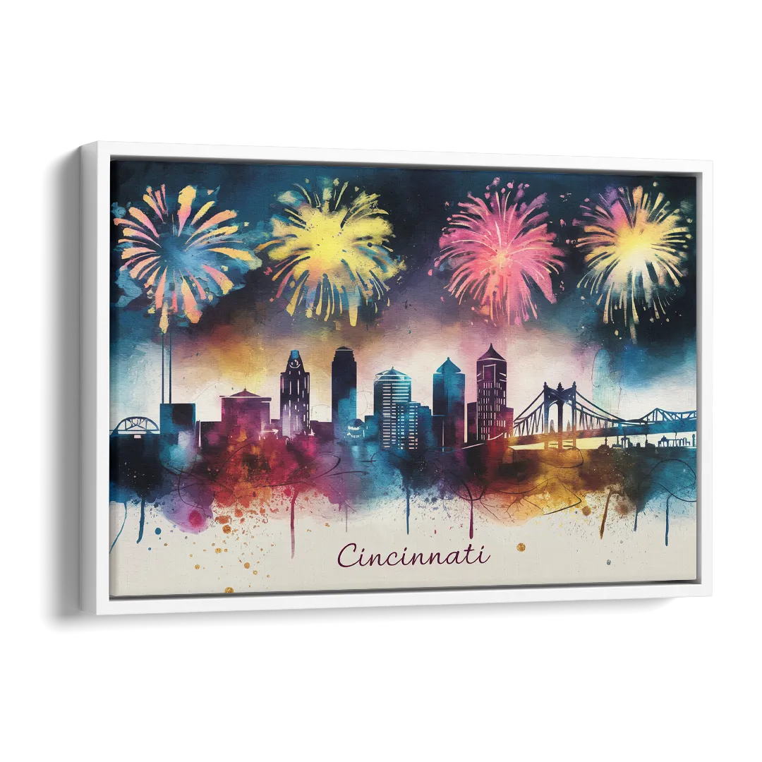 Cincinnati Skyline With Fireworks Side - White Canvas Wall Art