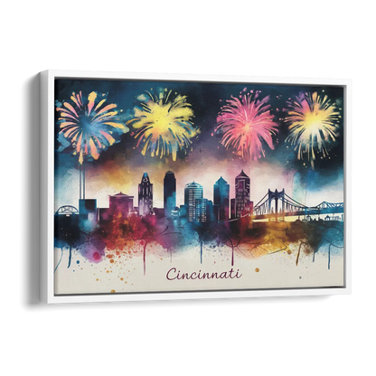 Cincinnati Skyline With Fireworks Side - White Canvas Wall Art