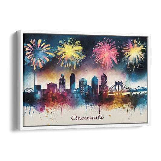 Cincinnati Skyline With Fireworks Side - White Canvas Wall Art