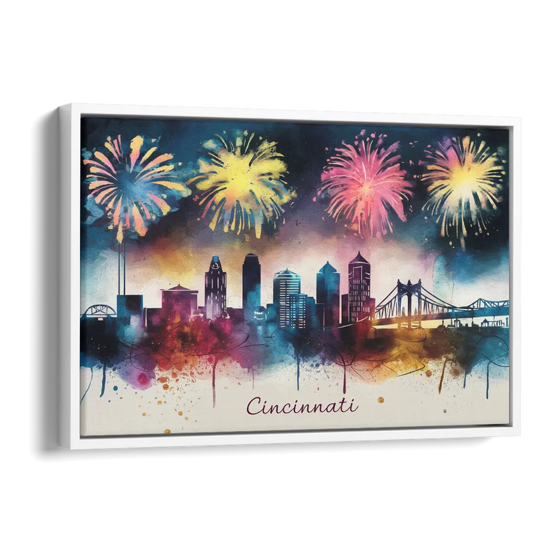 Cincinnati Skyline With Fireworks Side - White Canvas Wall Art