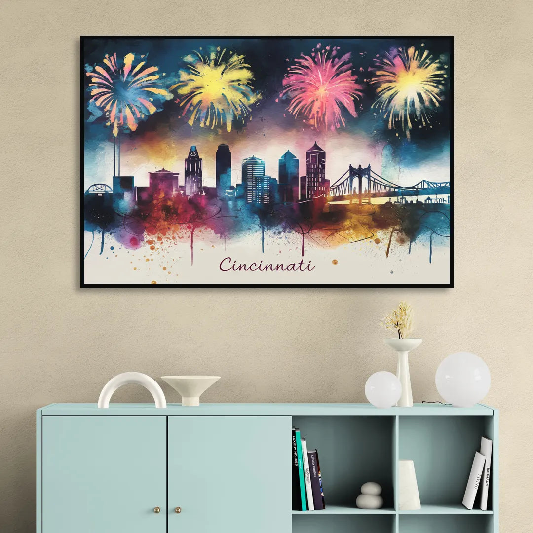 Cincinnati Skyline With Fireworks Sitting Room - Black Canvas Wall Art