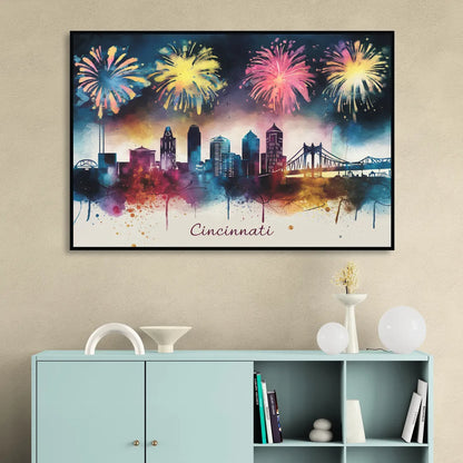 Cincinnati Skyline With Fireworks Sitting Room - Black Canvas Wall Art